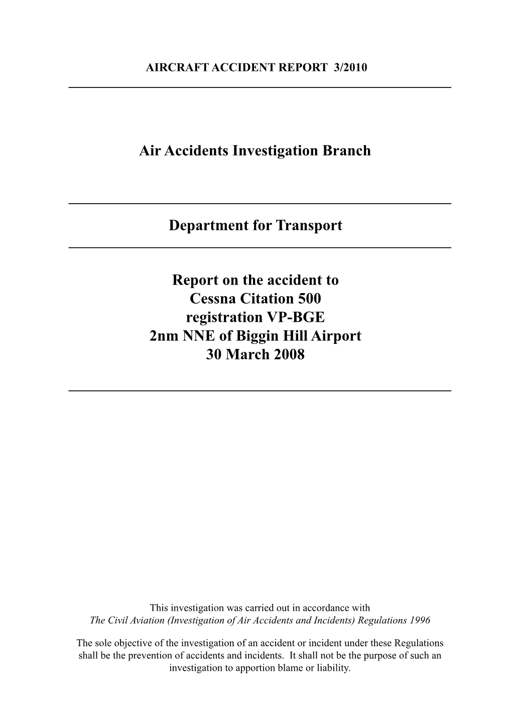 Air Accidents Investigation Branch Department for Transport Report On