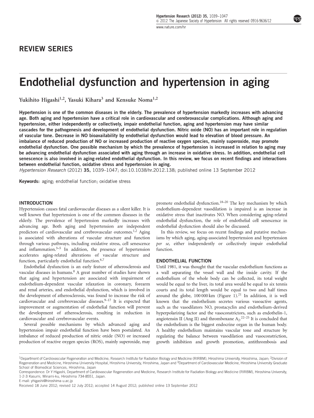 Endothelial Dysfunction and Hypertension in Aging