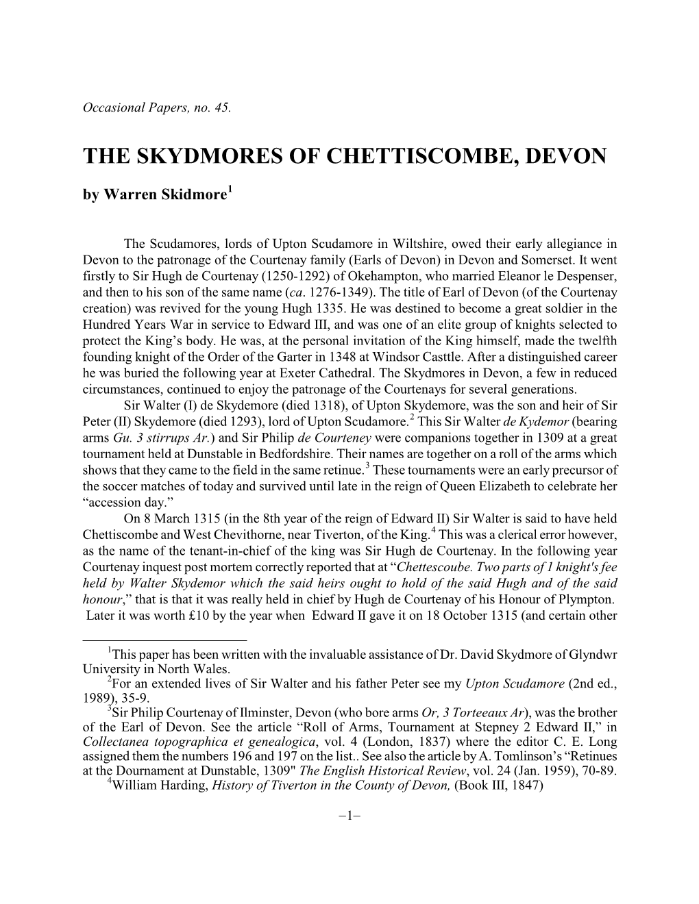 The Skydmores of Chettiscombe, Devon