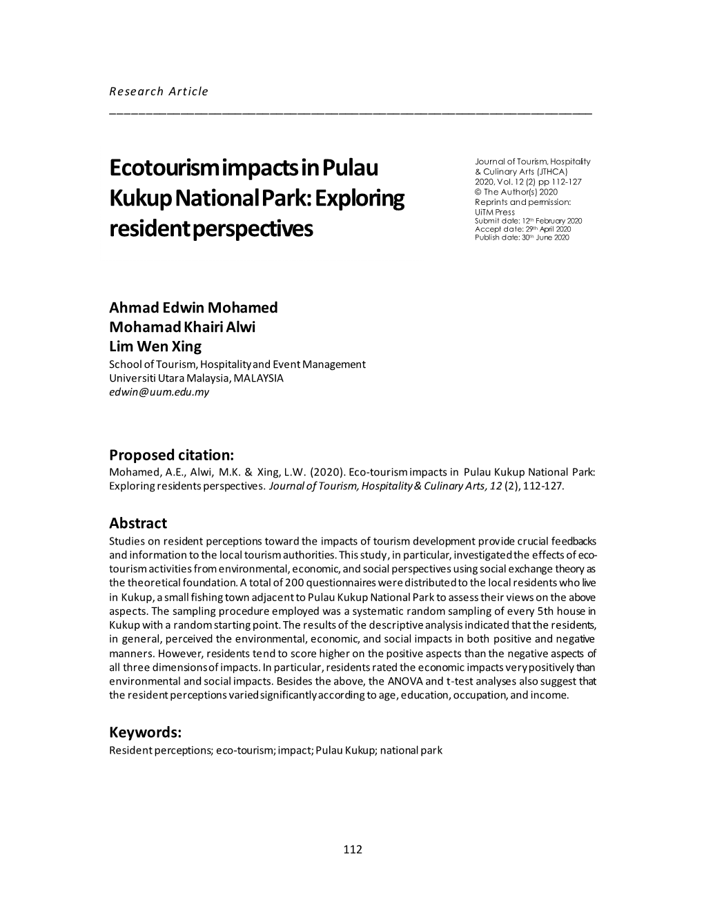 Ecotourism Impacts in Pulau Kukup National Park: Exploring Resident