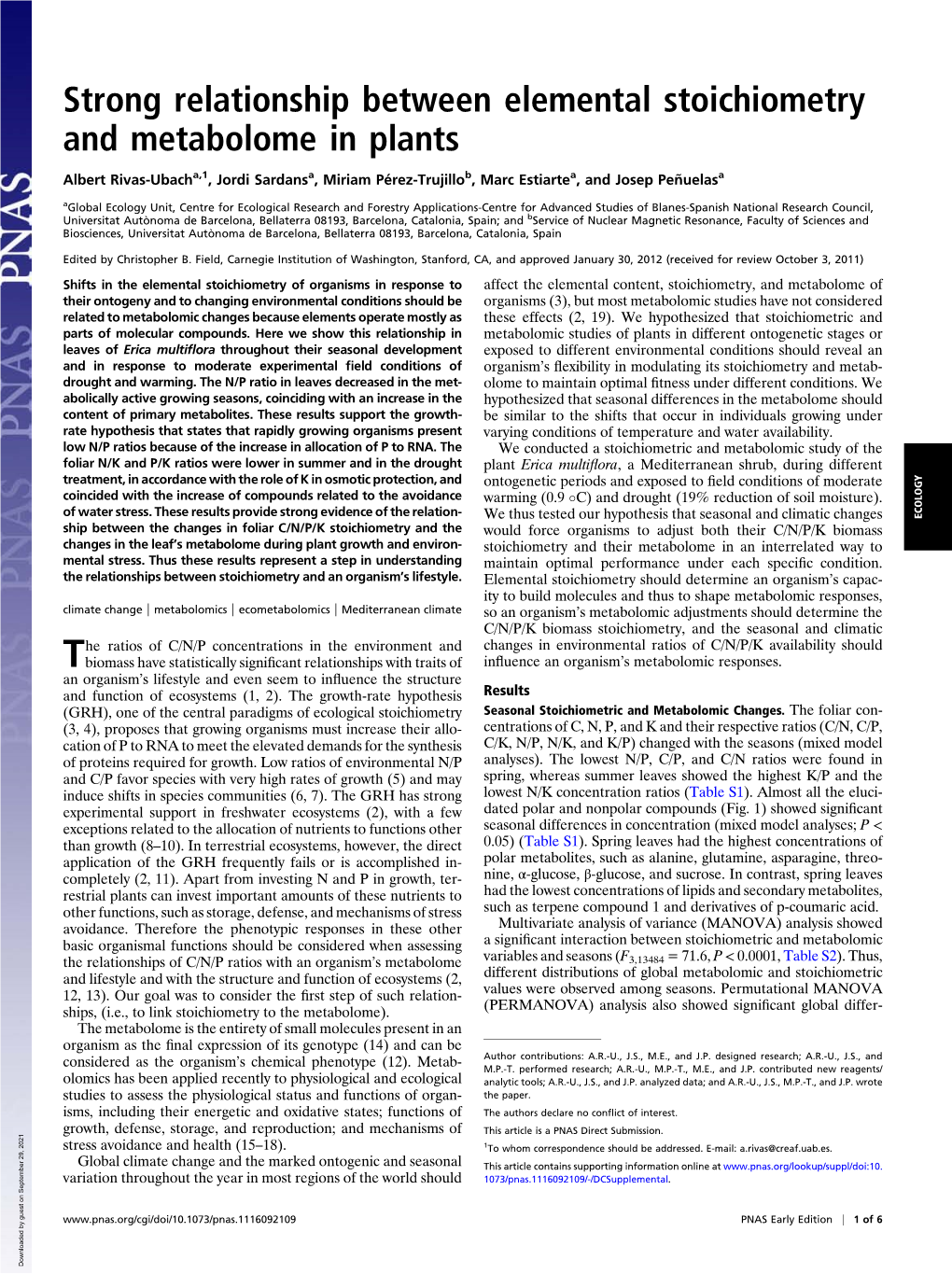 Strong Relationship Between Elemental Stoichiometry and Metabolome in Plants