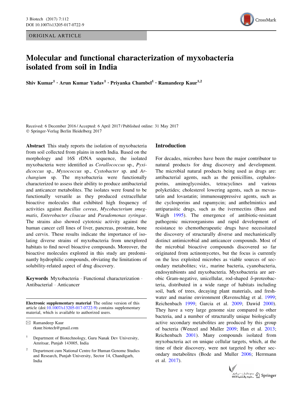 Molecular and Functional Characterization of Myxobacteria Isolated from Soil in India