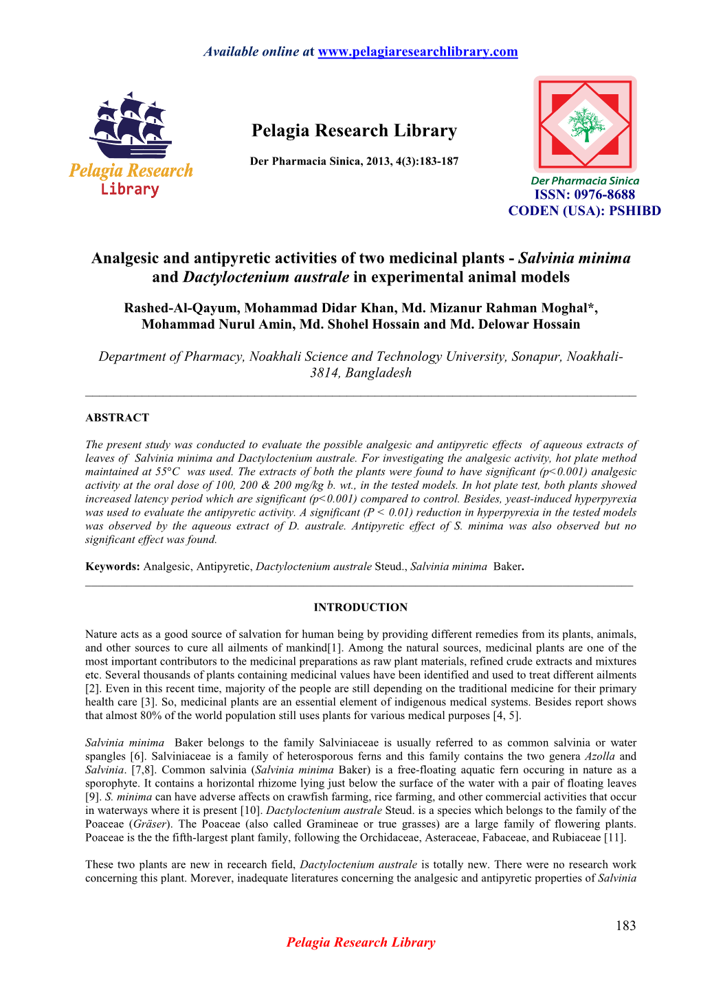 Analgesic and Antipyretic Activities of Two Medicinal Plants - Salvinia Minima and Dactyloctenium Australe in Experimental Animal Models