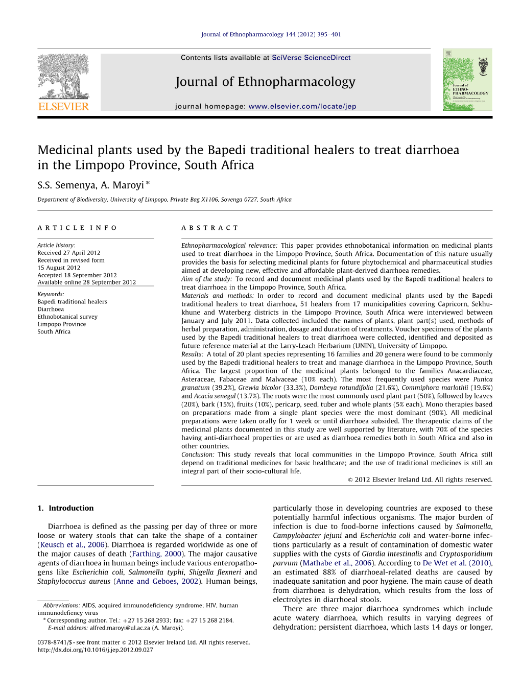 Medicinal Plants Used by the Bapedi Traditional Healers to Treat Diarrhoea in the Limpopo Province, South Africa