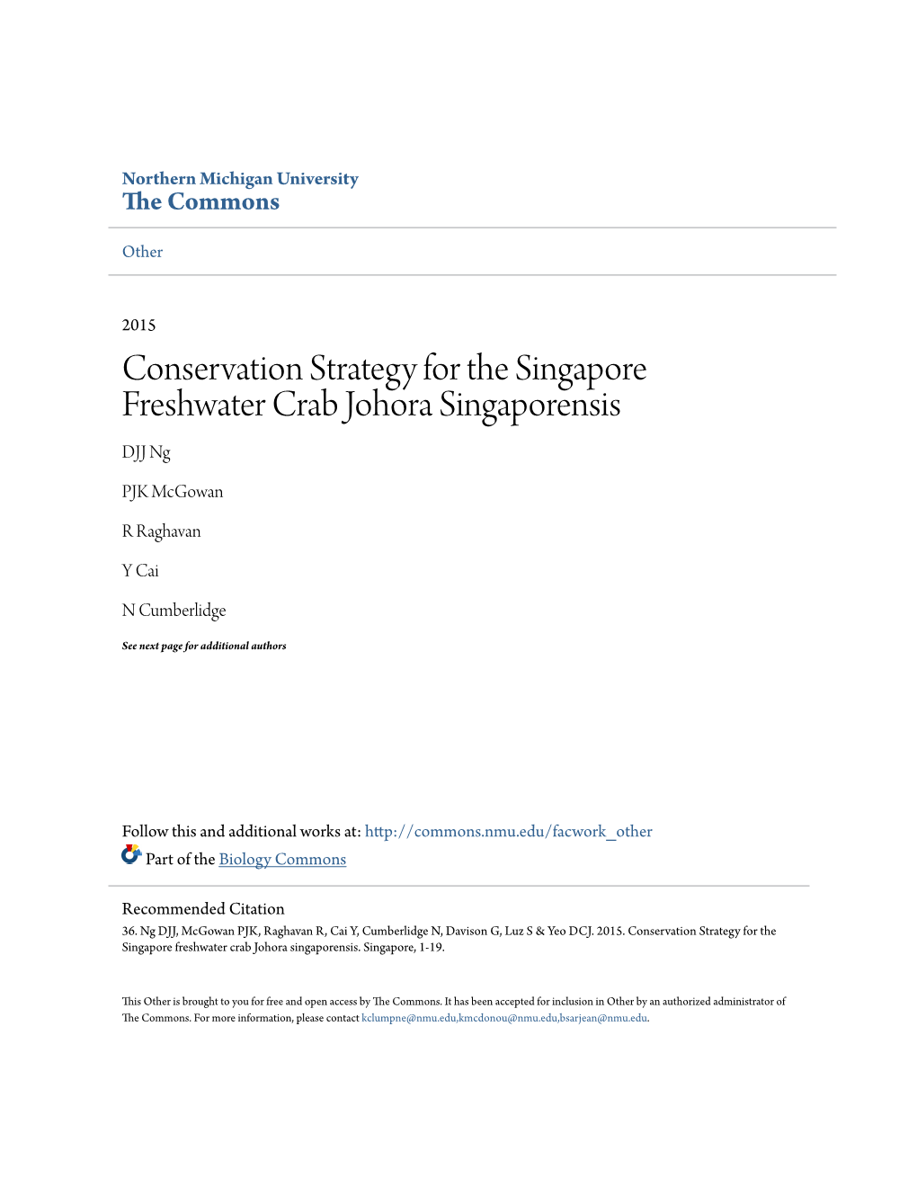 Conservation Strategy for the Singapore Freshwater Crab Johora Singaporensis DJJ Ng