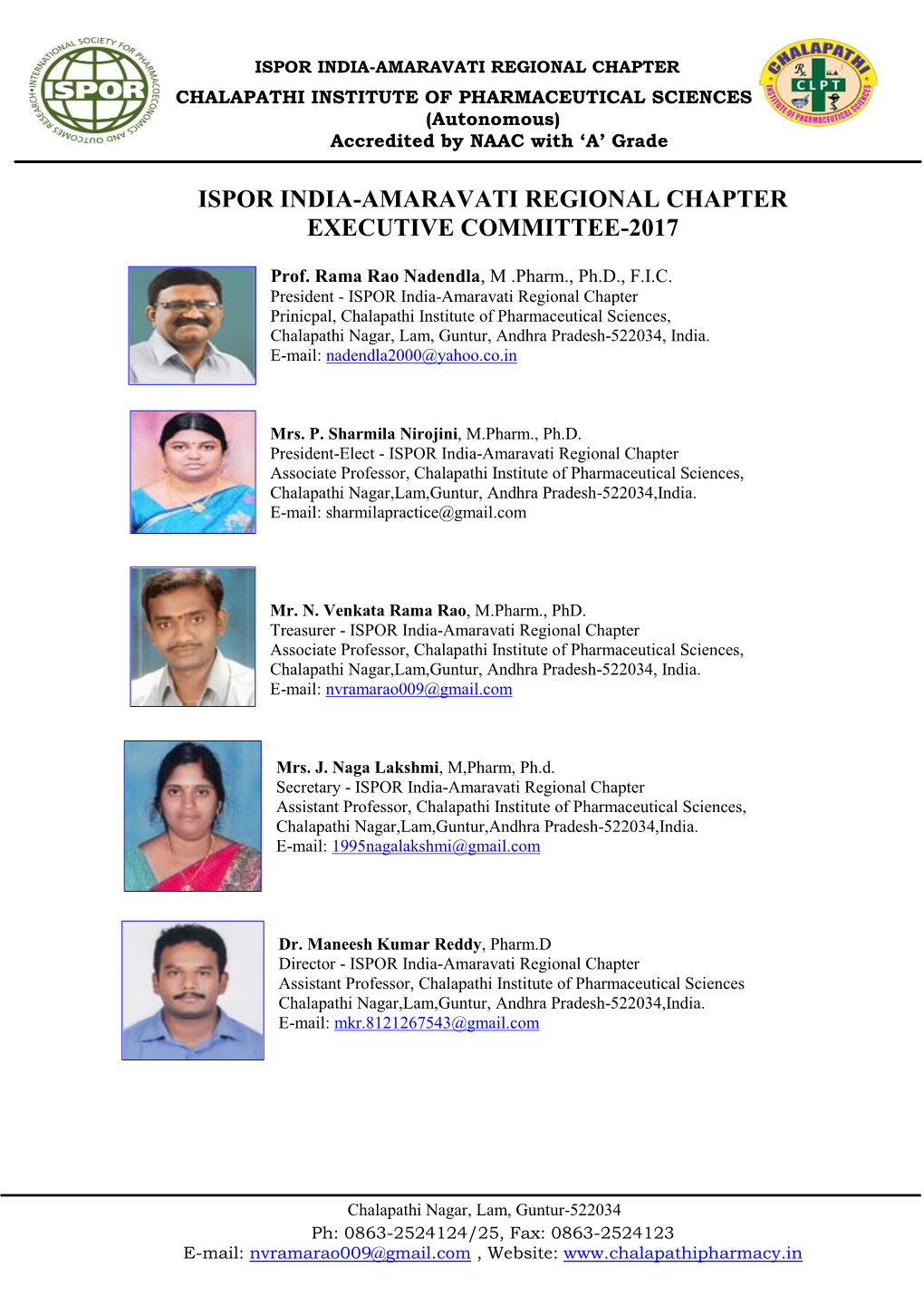 Ispor India-Amaravati Regional Chapter Executive Committee-2017