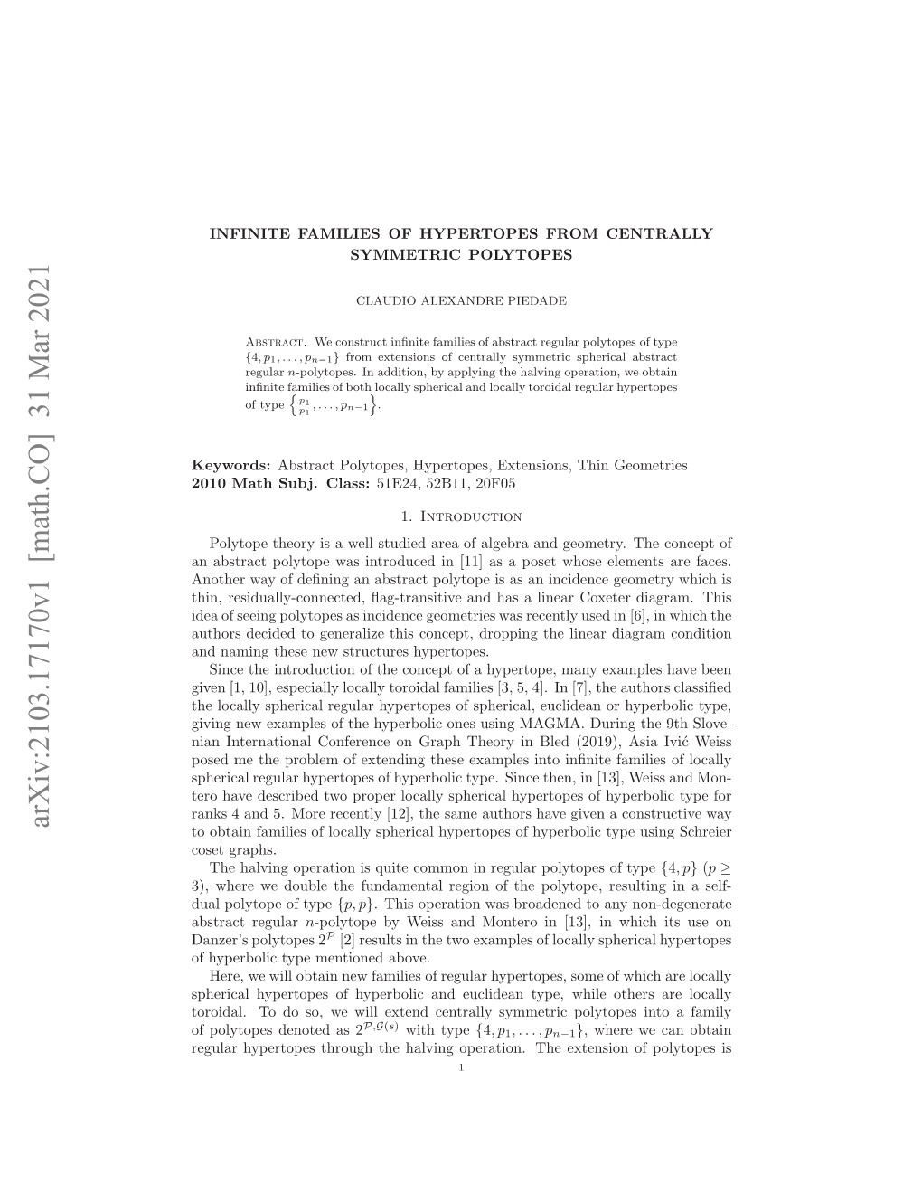 Infinite Families of Hypertopes from Centrally Symmetric Polytopes 3