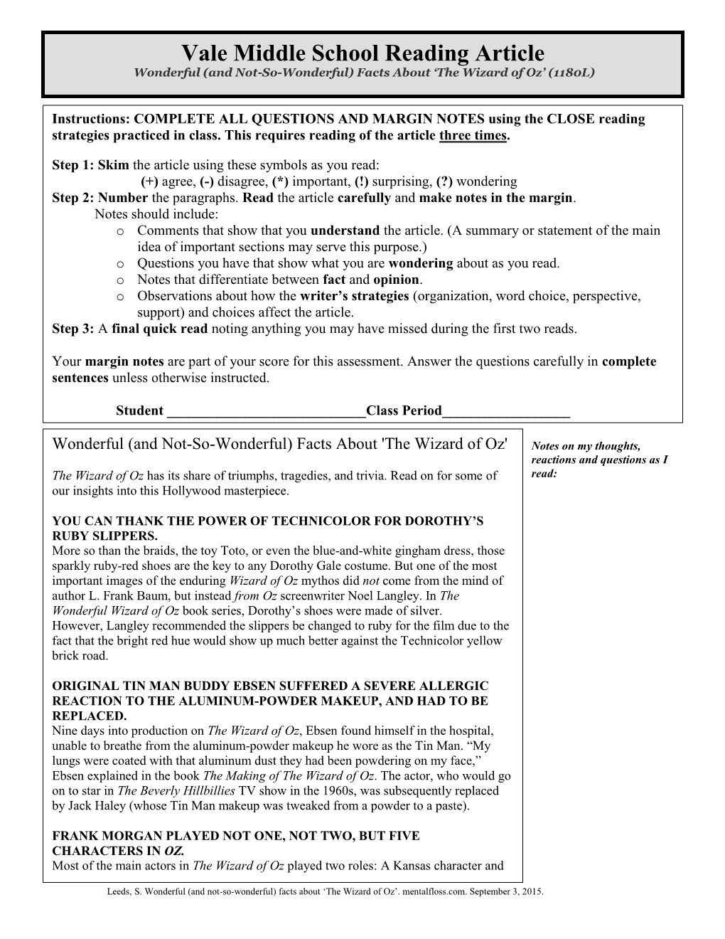 Vale Middle School Reading Article Wonderful (And Not-So-Wonderful) Facts About ‘The Wizard of Oz’ (1180L)