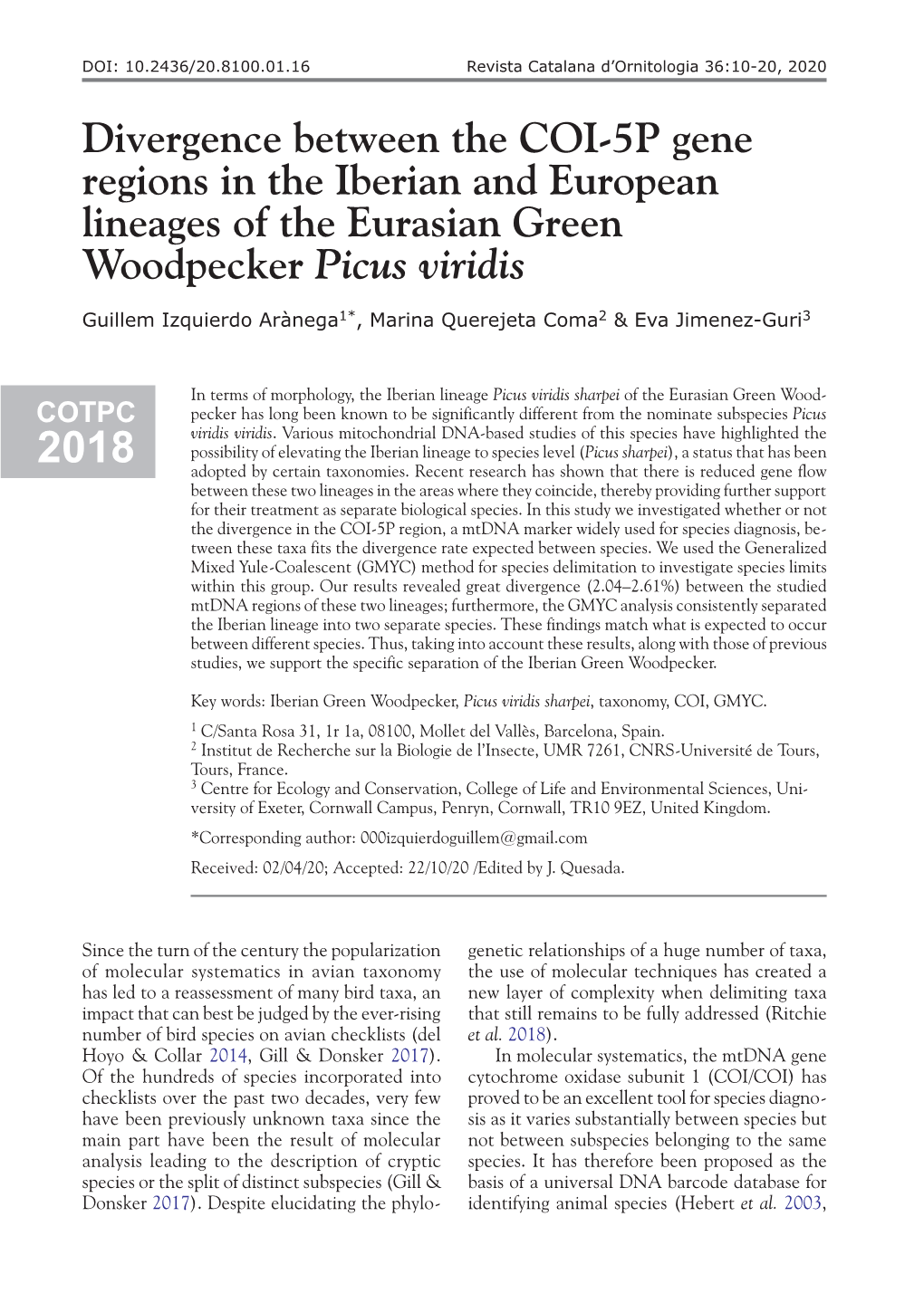 Divergence Between the COI-5P Gene Regions in the Iberian and European Lineages of the Eurasian Green Woodpecker Picus Viridis