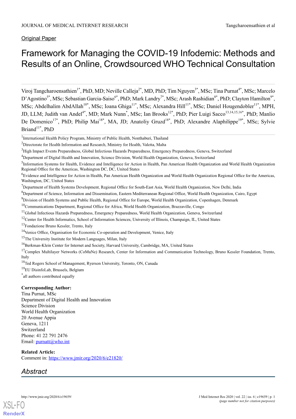 Framework for Managing the COVID-19 Infodemic: Methods and Results of an Online, Crowdsourced WHO Technical Consultation