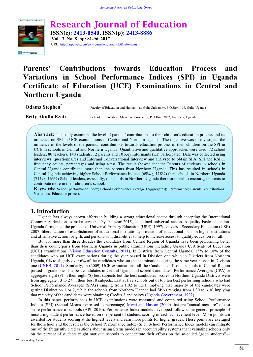 Research Journal of Education ISSN(E): 2413-0540, ISSN(P): 2413-8886 Vol