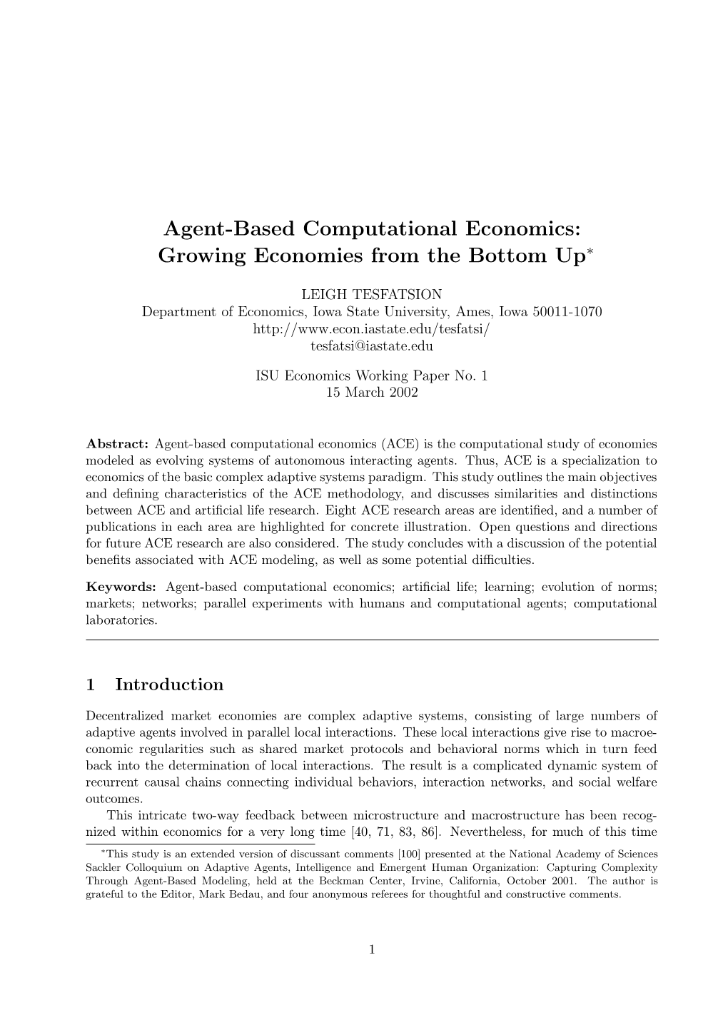 Agent-Based Computational Economics: Growing Economies from the Bottom Up∗