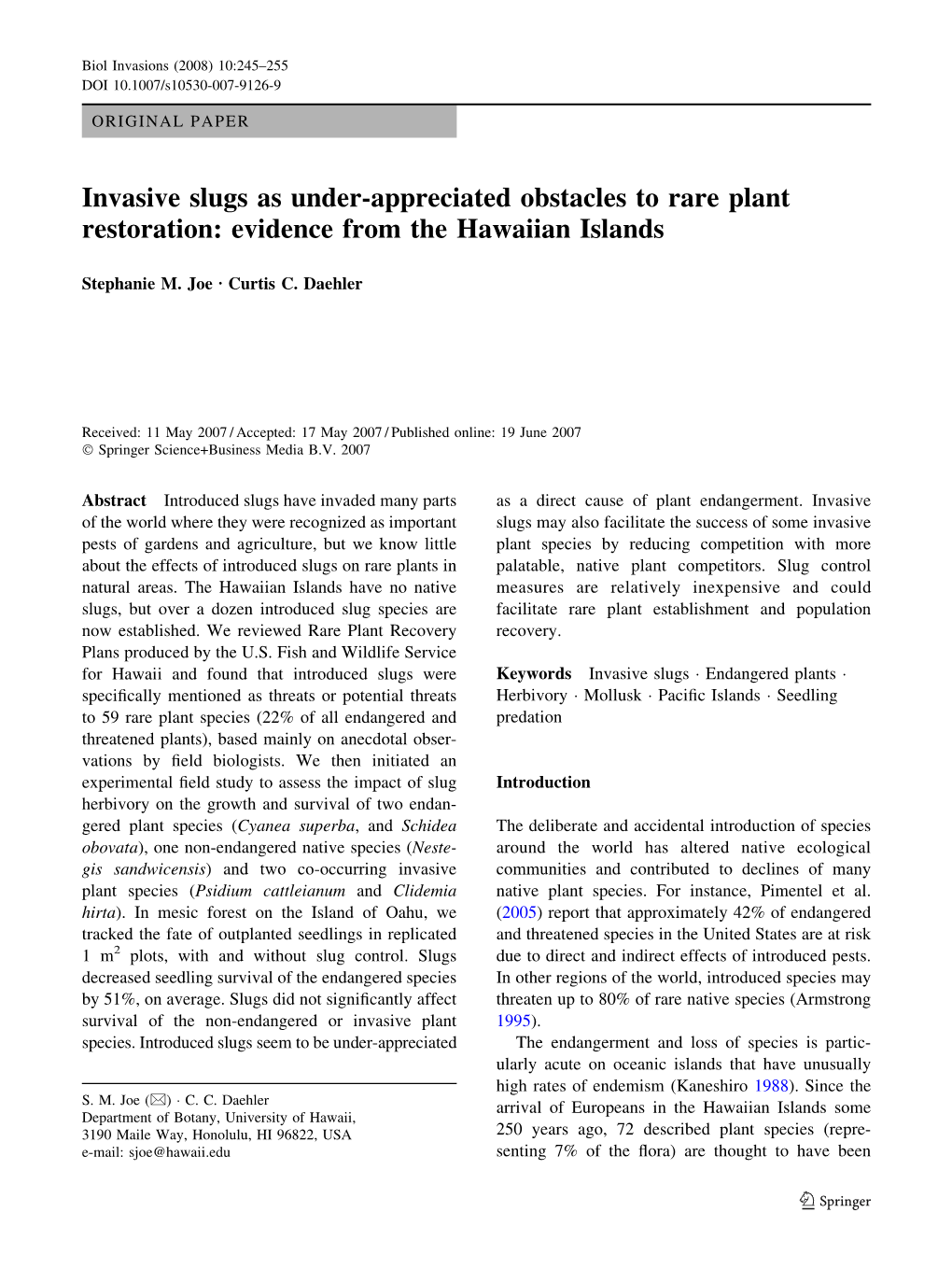 Invasive Slugs As Under-Appreciated Obstacles to Rare Plant Restoration: Evidence from the Hawaiian Islands