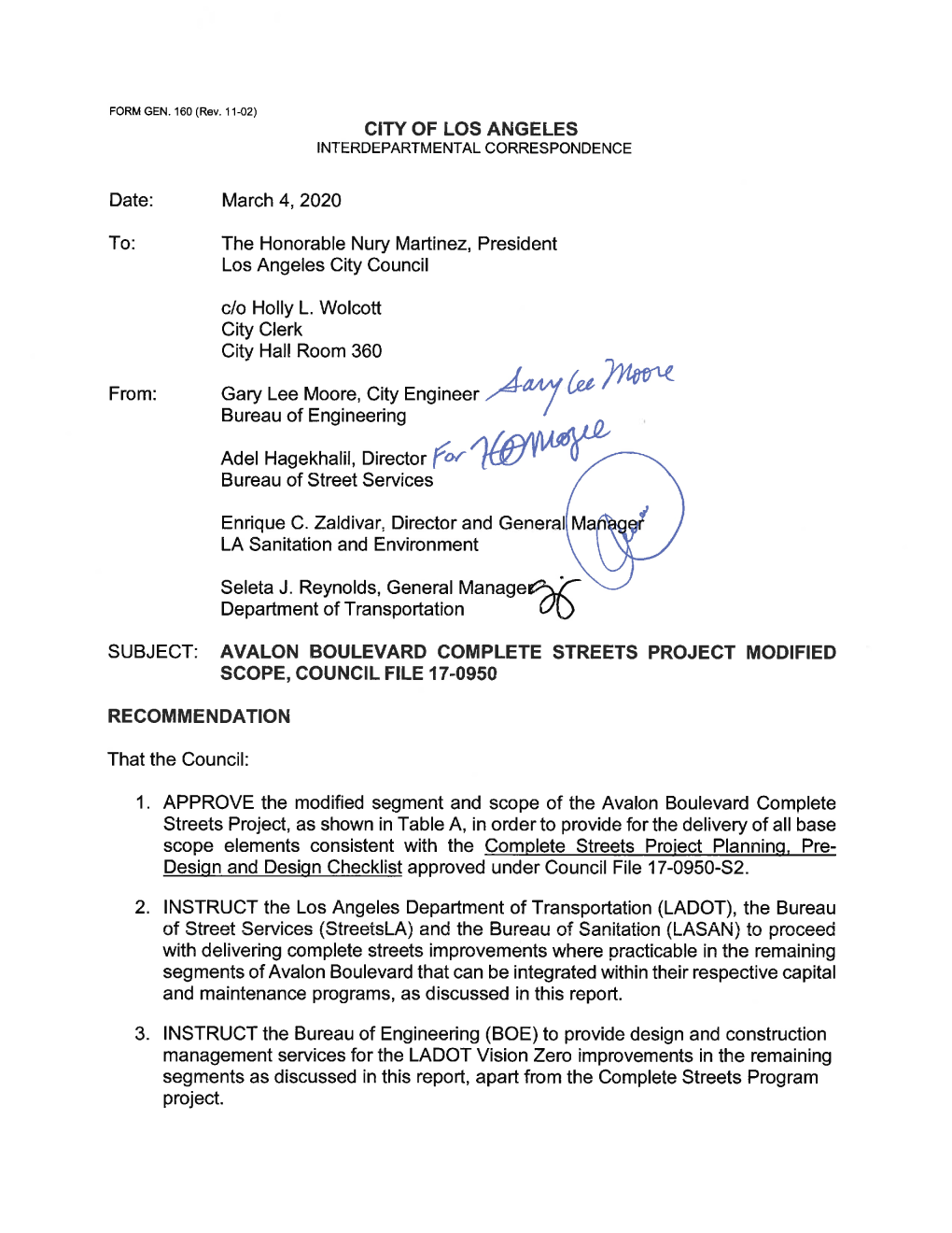 City of Los Angeles Subject: Avalon Boulevard Complete Streets Project Modified Scope, Council File 17-0950 Recommendation