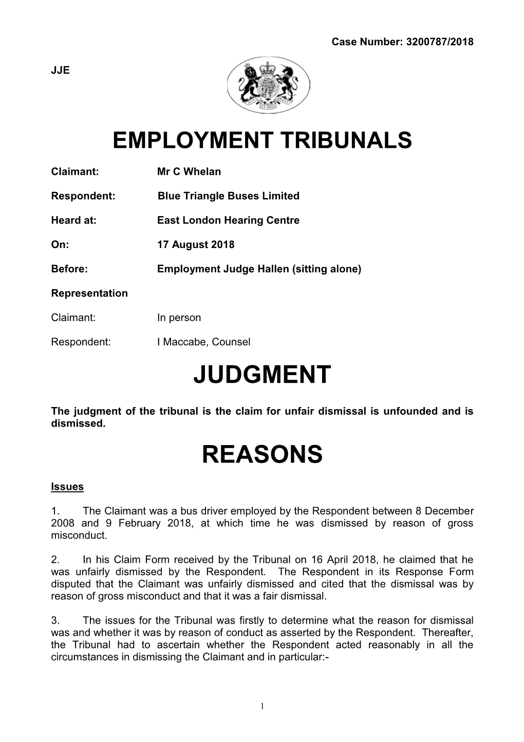 Mr C Whelan V Blue Triangle Buses Ltd: 3200787/2018