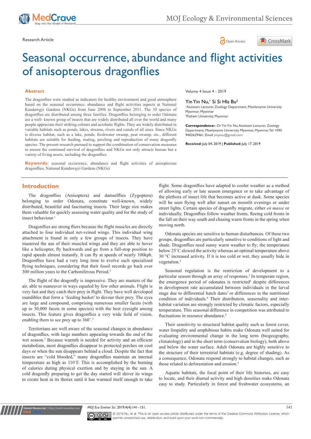 Seasonal Occurrence, Abundance and Flight Activities of Anisopterous Dragonflies