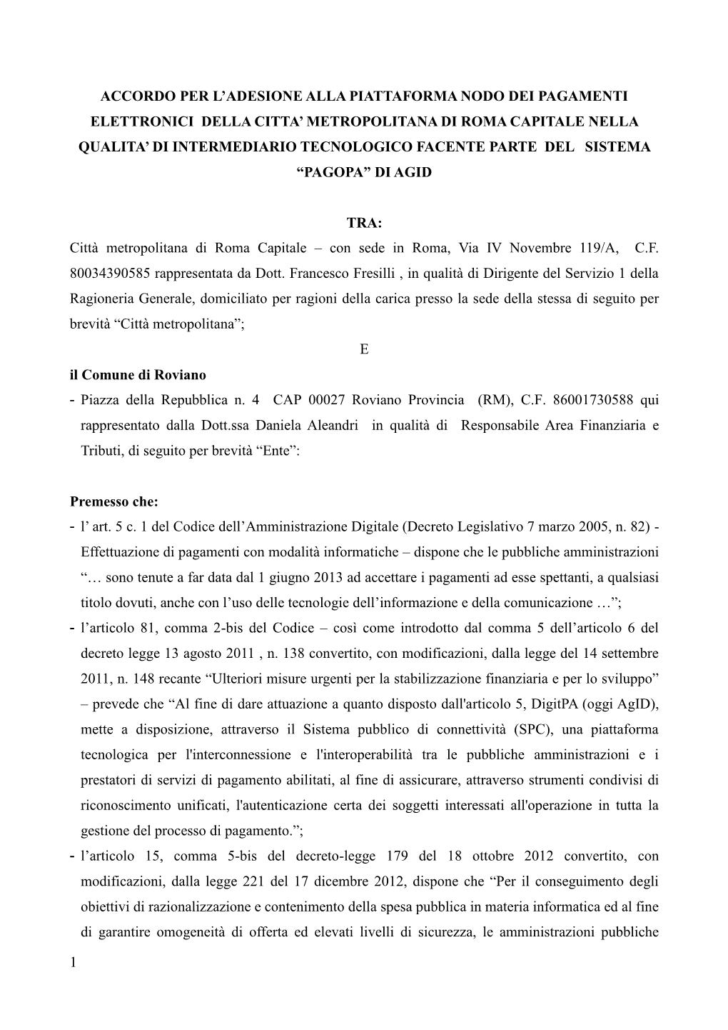 Accordo Di Servizio Per L'hub Di Fatturazione Elettronica