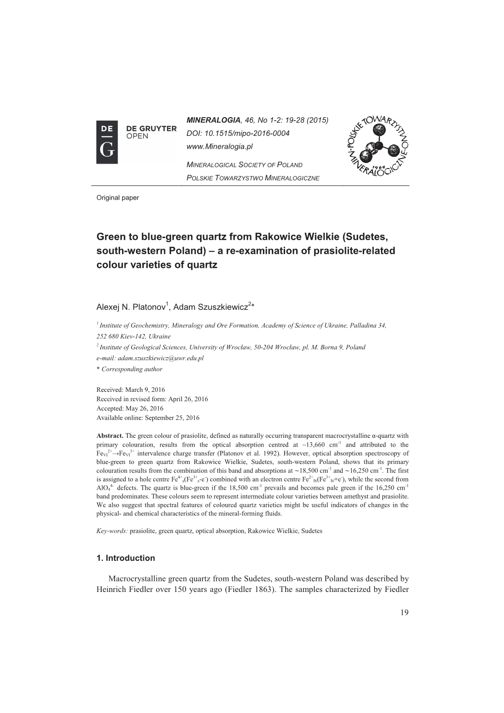 Green to Blue-Green Quartz from Rakowice Wielkie (Sudetes, South-Western Poland) – a Re-Examination of Prasiolite-Related Colour Varieties of Quartz