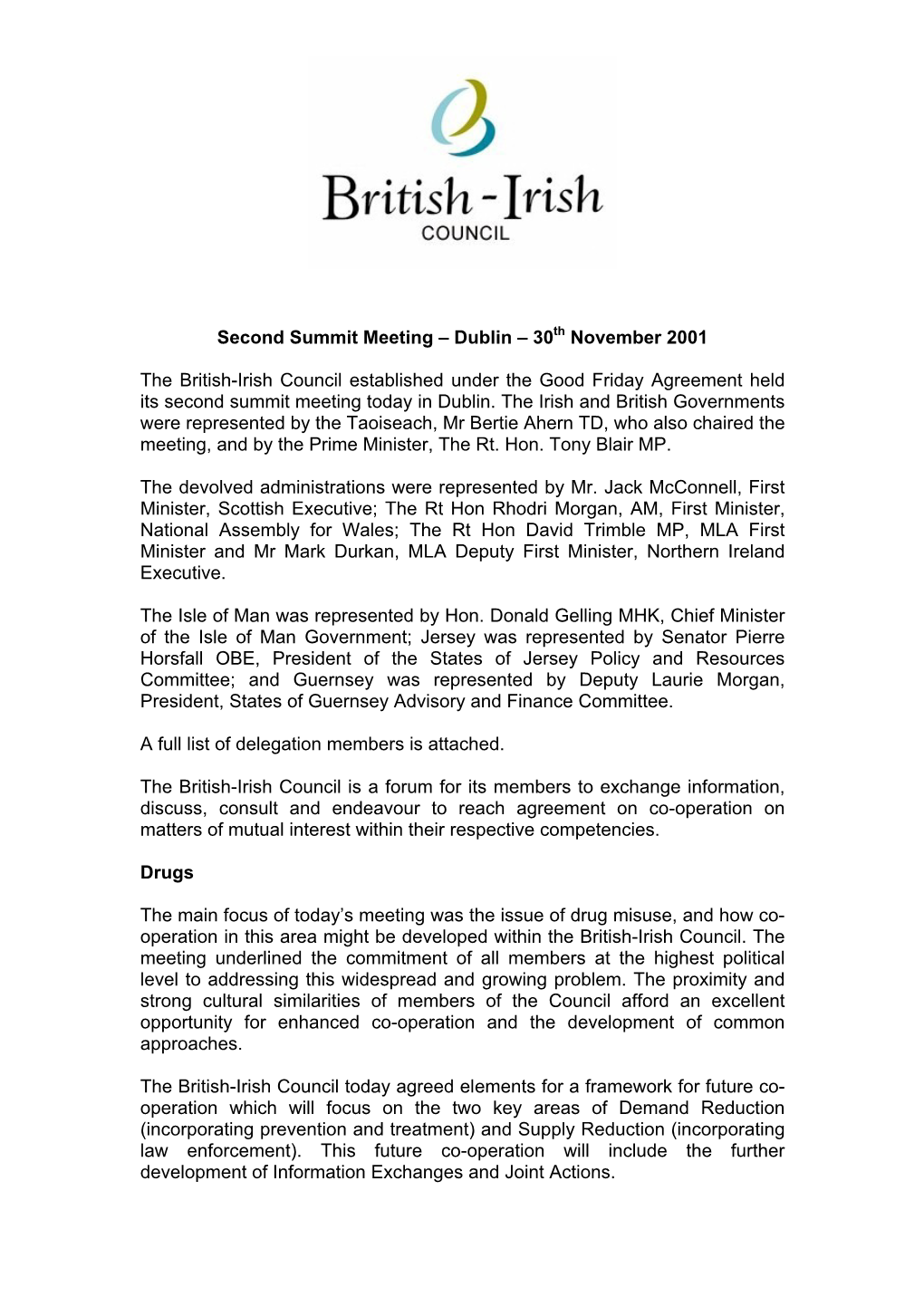 Second Summit Meeting – Dublin – 30Th November 2001