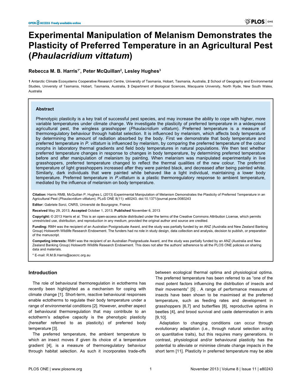 Experimental Manipulation of Melanism Demonstrates the Plasticity of Preferred Temperature in an Agricultural Pest (Phaulacridium Vittatum)