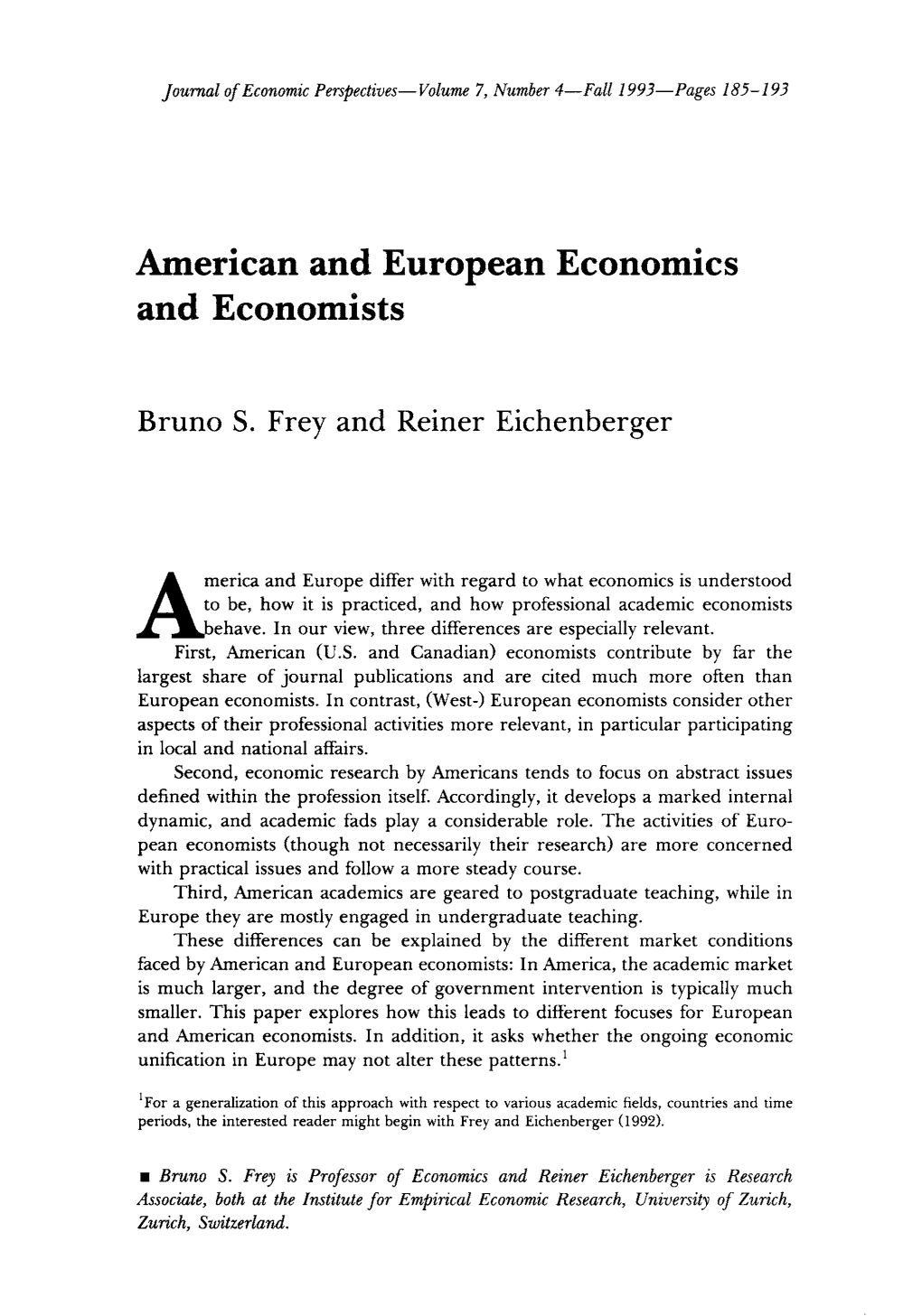 American and European Economics and Economists