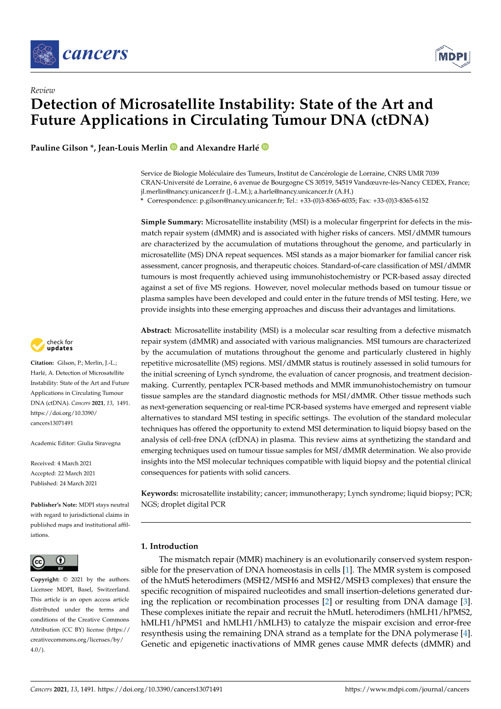 Detection of Microsatellite Instability: State of the Art and Future Applications in Circulating Tumour DNA (Ctdna)