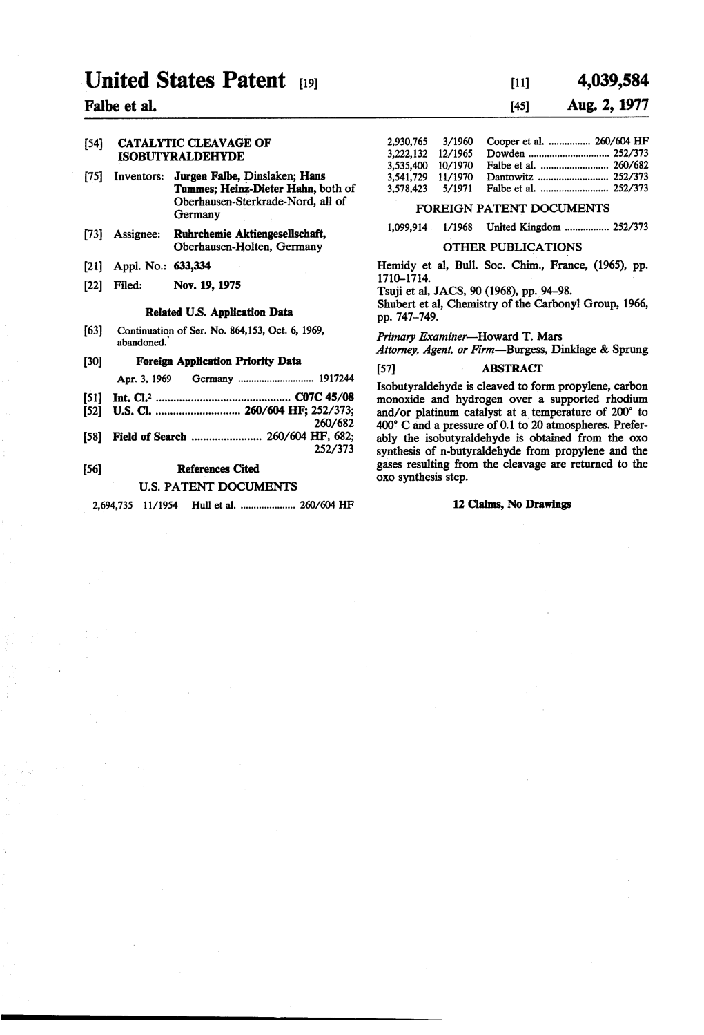 United States Patent (19) (11) 4,039,584 Fabe Et Al