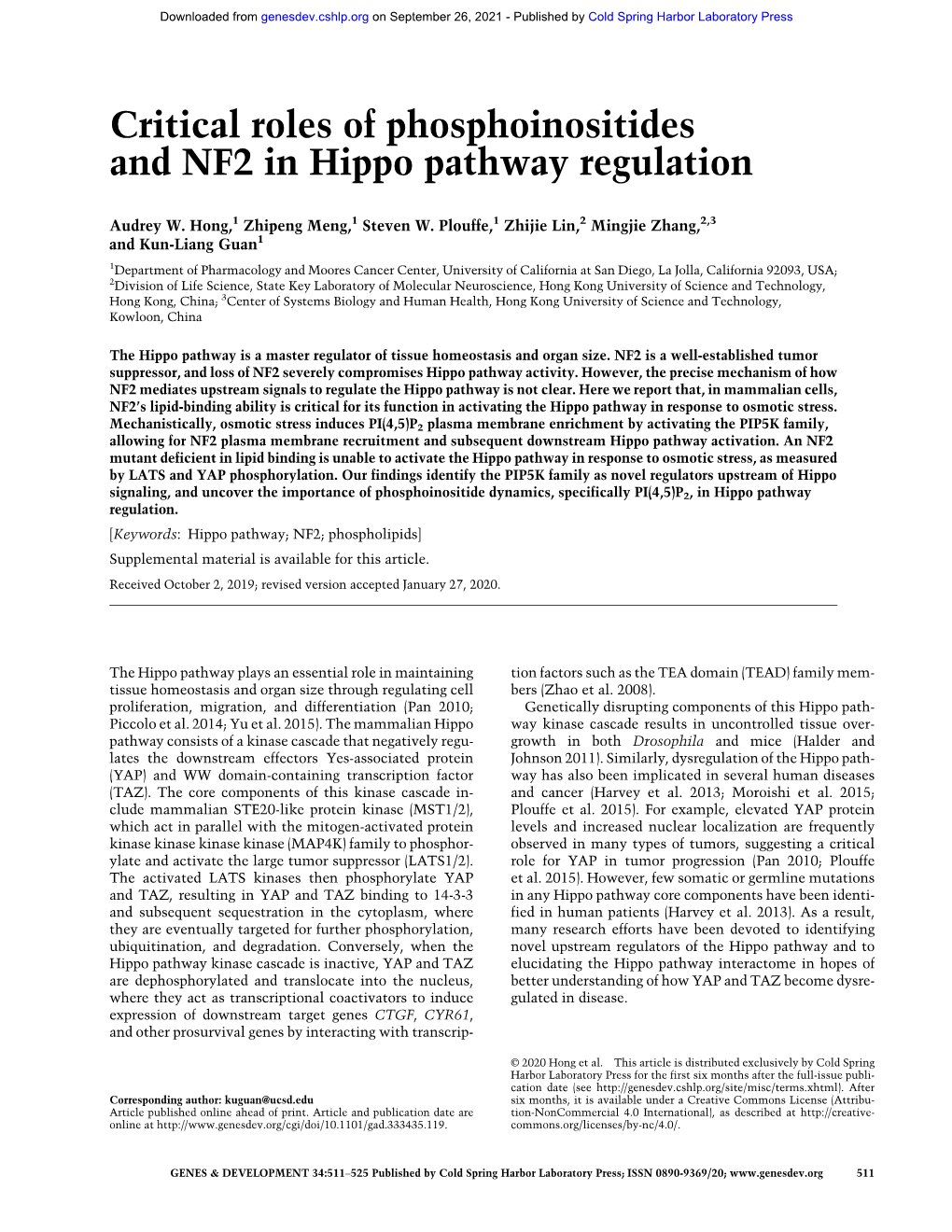 Critical Roles of Phosphoinositides and NF2 in Hippo Pathway Regulation