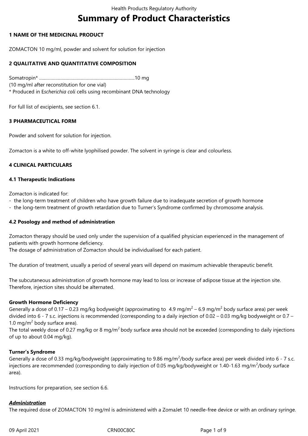 Summary of Product Characteristics