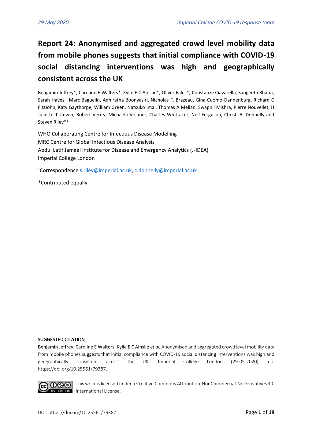 Anonymised and Aggregated Crowd Level Mobility Data