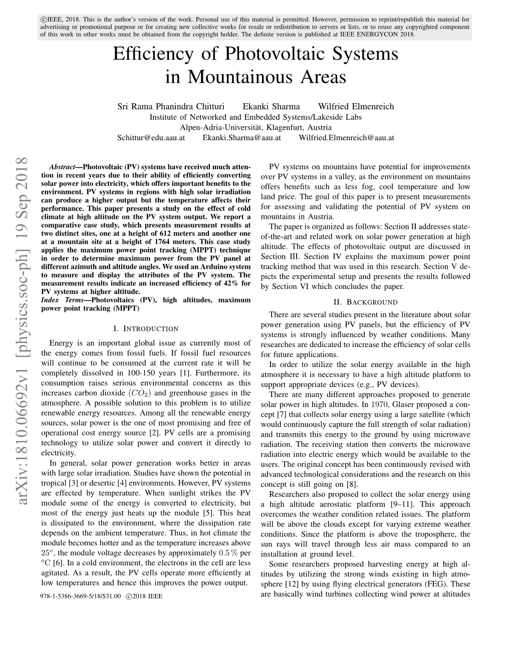 Efficiency of Photovoltaic Systems in Mountainous Areas