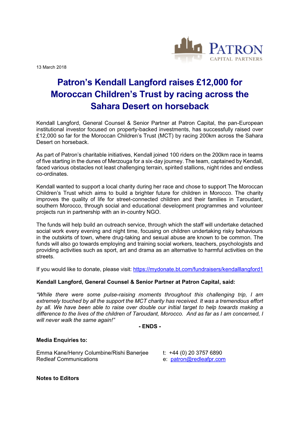 Patron's Kendall Langford Raises £12,000 for Moroccan Children's