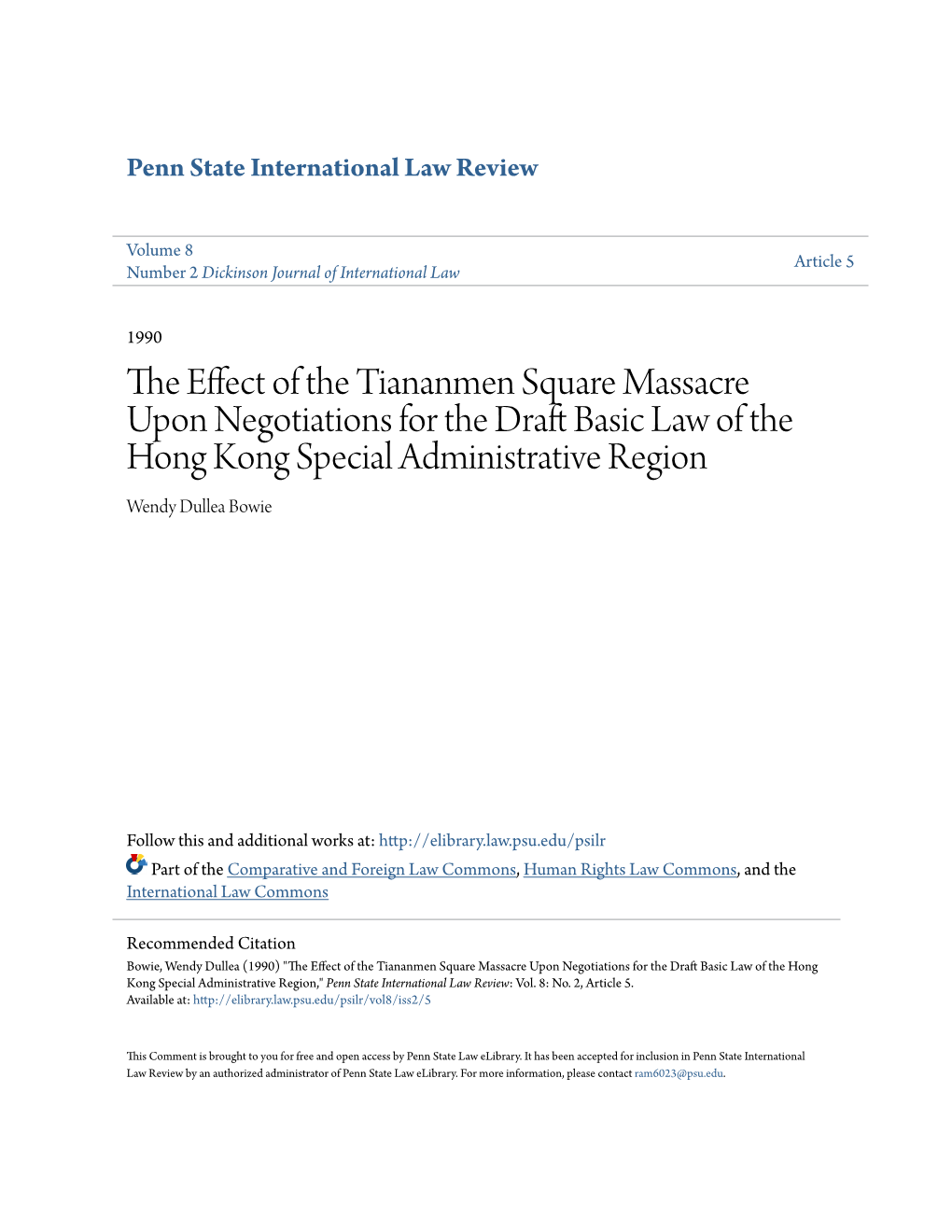 The Effect of the Tiananmen Square Massacre Upon Negotiations for The