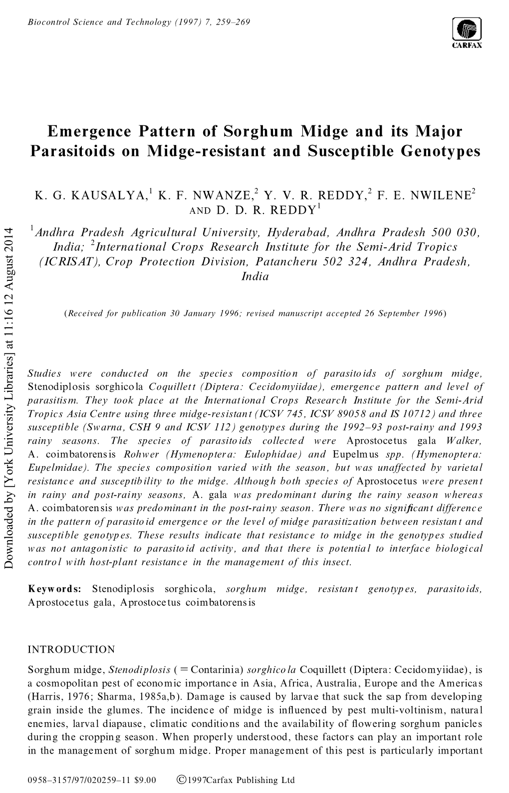 Emergence Pattern of Sorghum Midge and Its Major Parasitoids on Midge-Resistant and Susceptible Genotypes