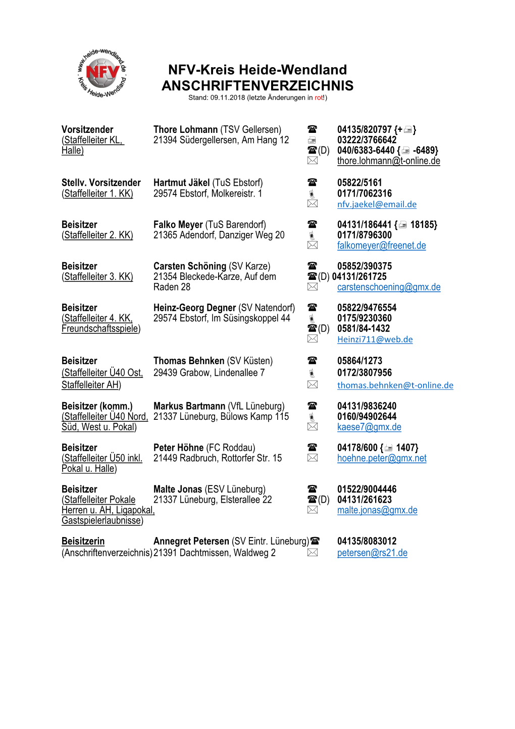 NFV-Kreis Heide-Wendland ANSCHRIFTENVERZEICHNIS Stand: 09.11.2018 (Letzte Änderungen in Rot !)