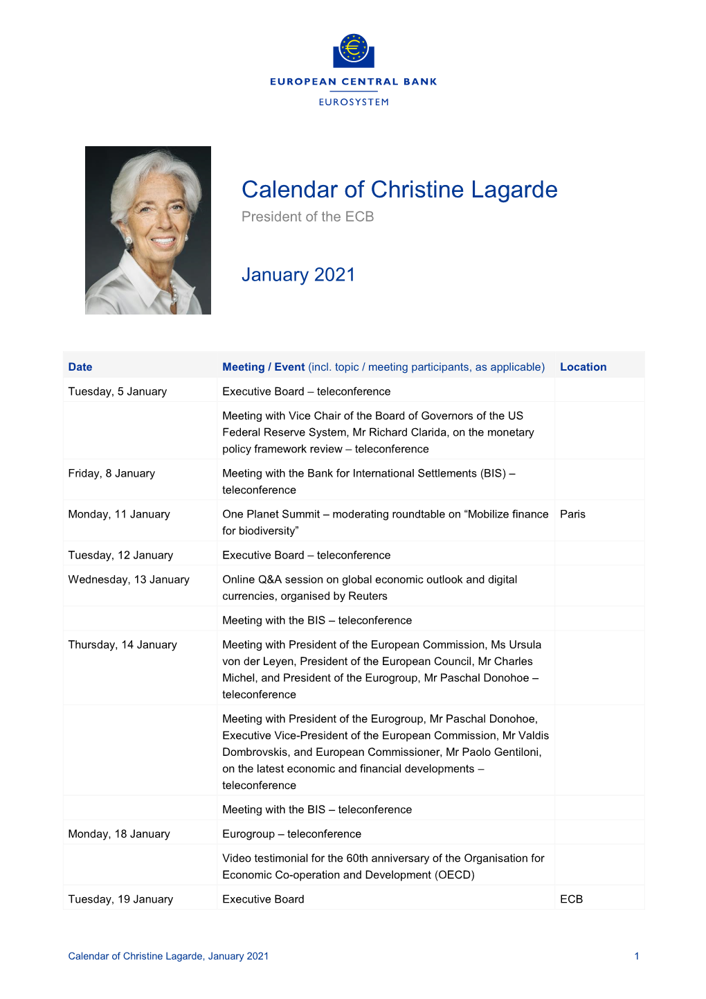 Calendar of Christine Lagarde, January 2021 1 Wednesday, 20 January Governing Council – Teleconference