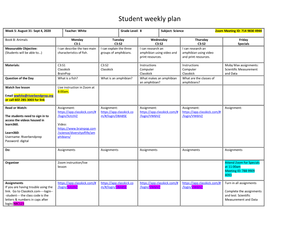 Student Weekly Plan