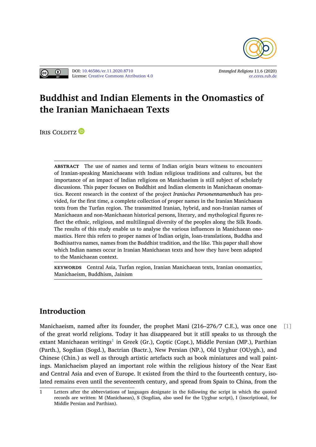 Buddhist and Indian Elements in the Onomastics of the Iranian Manichaean Texts