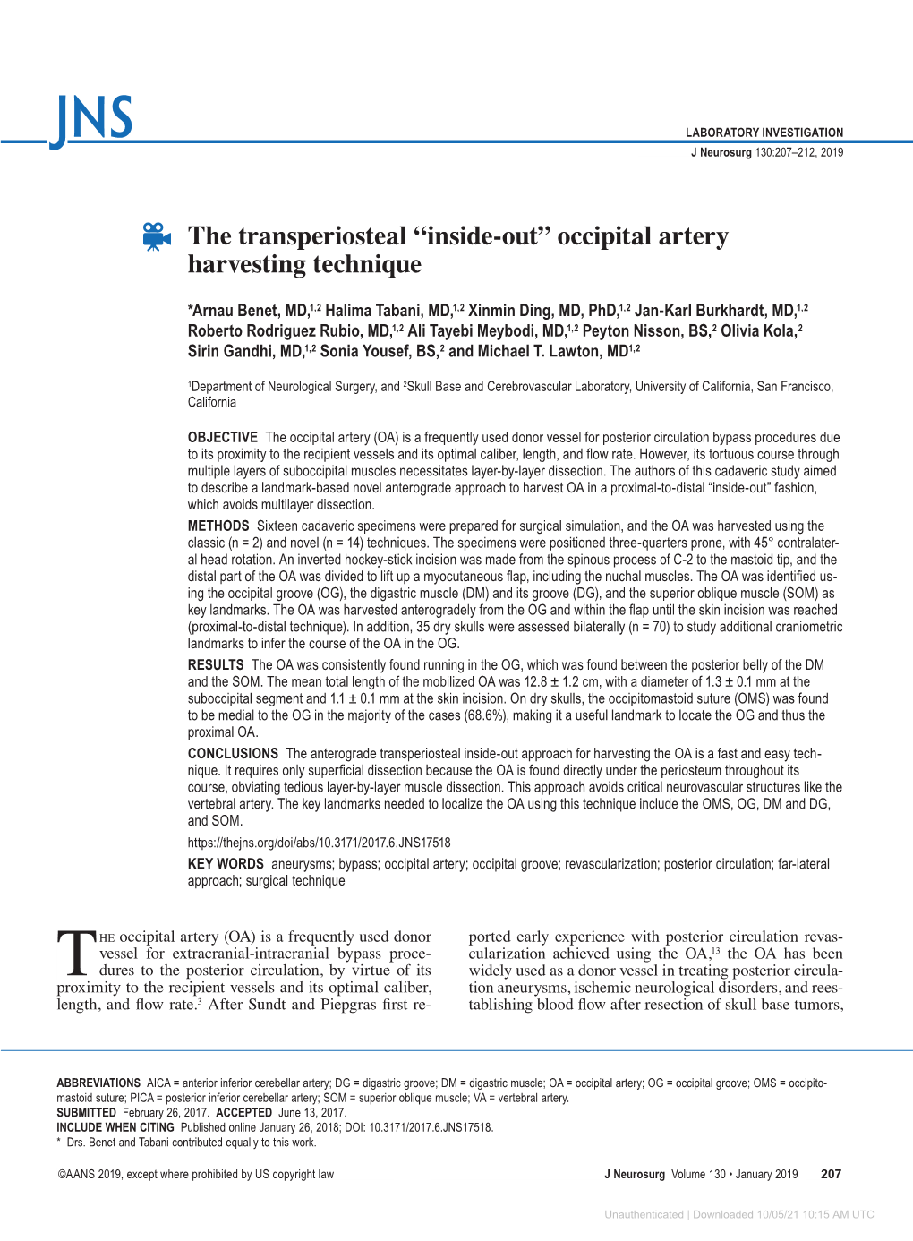 The Transperiosteal “Inside-Out” Occipital Artery Harvesting Technique