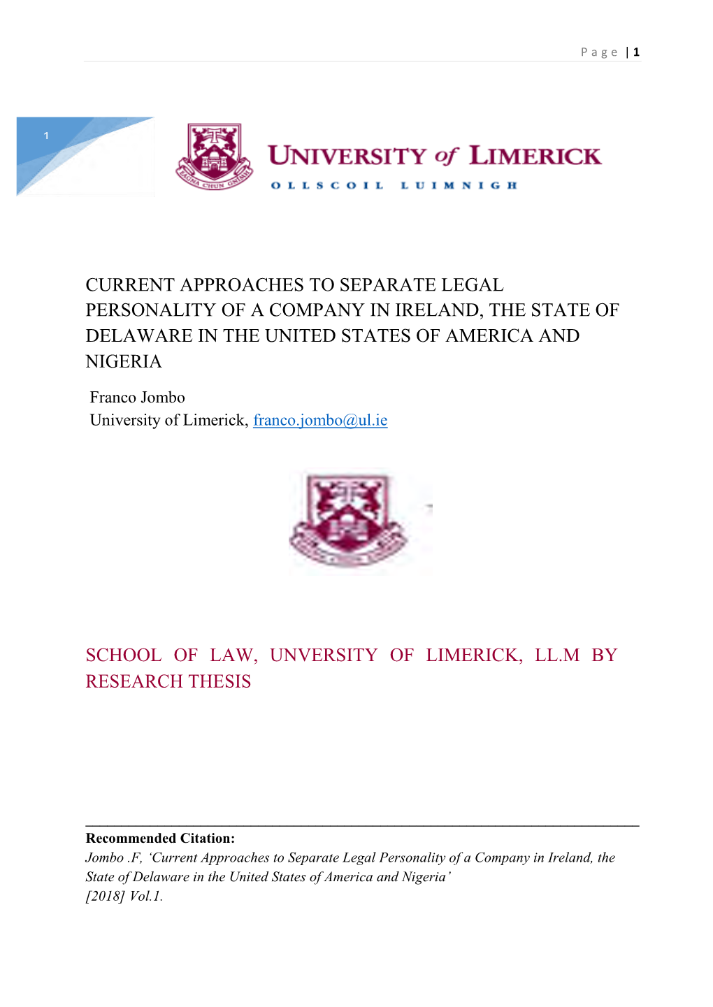 Current Approaches to Separate Legal Personality of a Company in Ireland, the State of Delaware in the United States of America and Nigeria