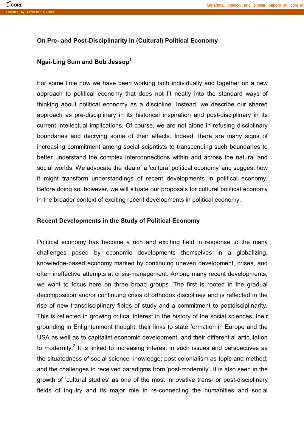 And Post-Disciplinarity in (Cultural) Political Economy Ngai-Ling Sum