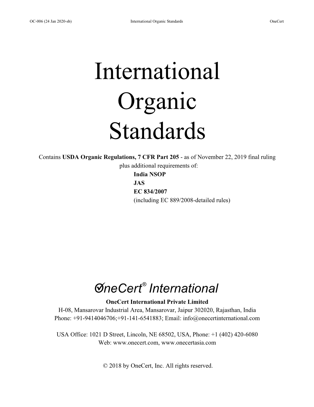 Onecert International Organic Standards