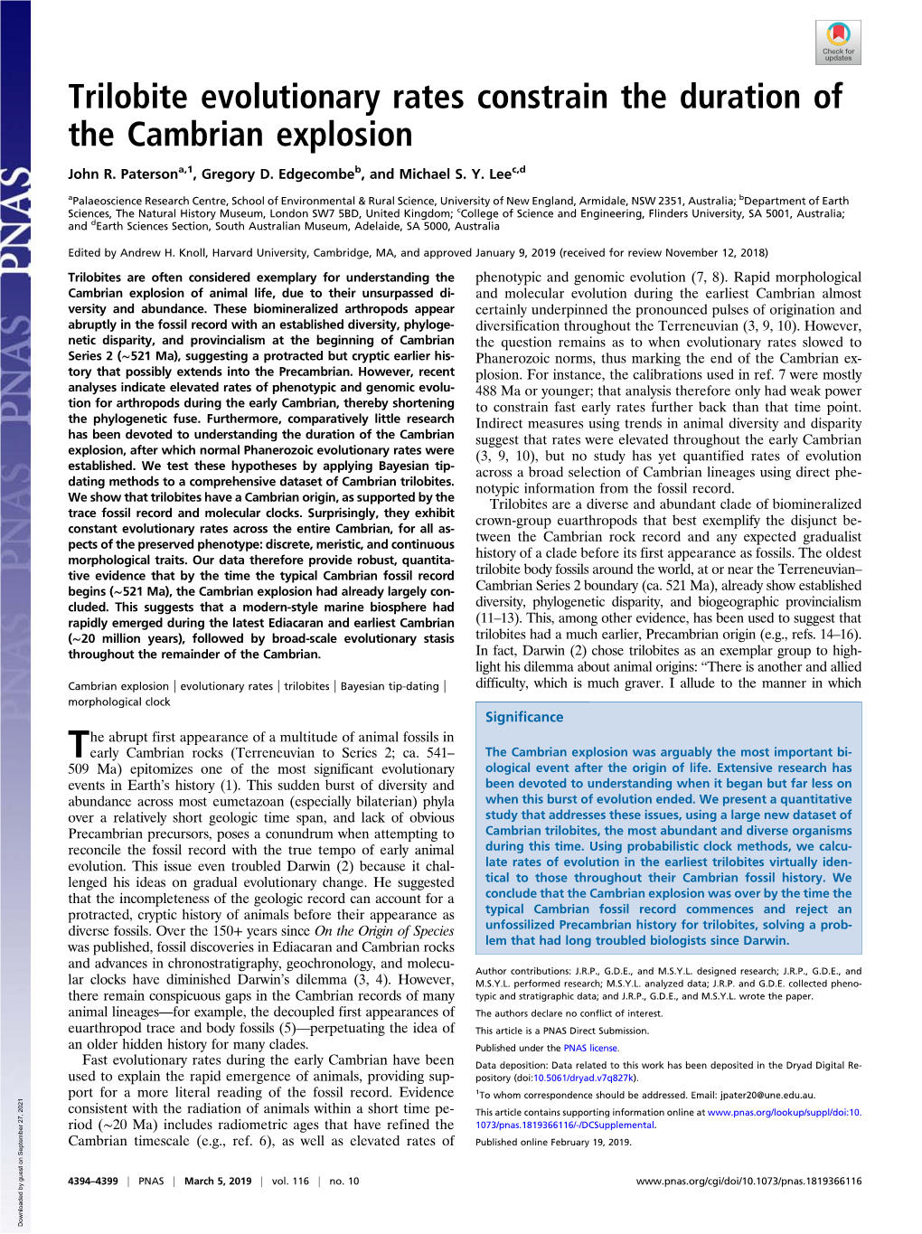 Trilobite Evolutionary Rates Constrain the Duration of the Cambrian Explosion