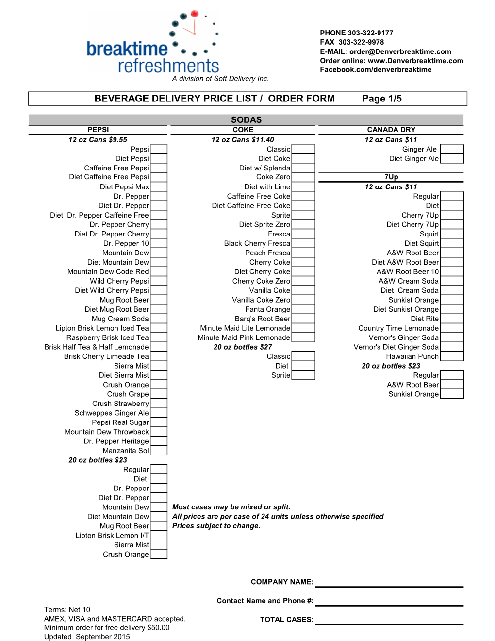 BEVERAGE DELIVERY PRICE LIST / ORDER FORM Page 1/5