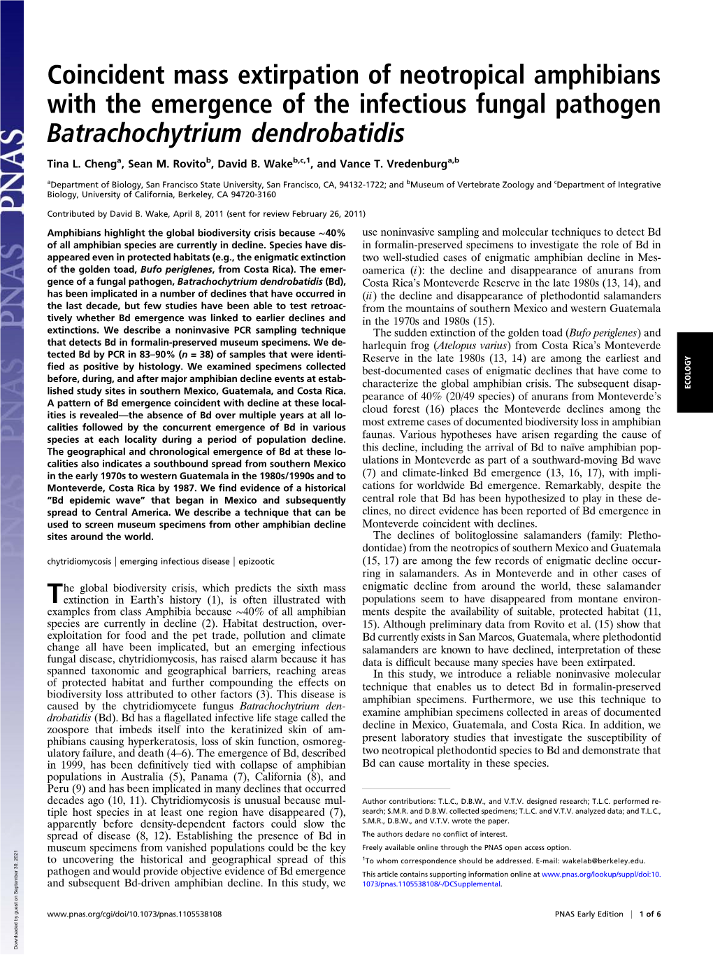 Coincident Mass Extirpation of Neotropical Amphibians with the Emergence of the Infectious Fungal Pathogen Batrachochytrium Dendrobatidis