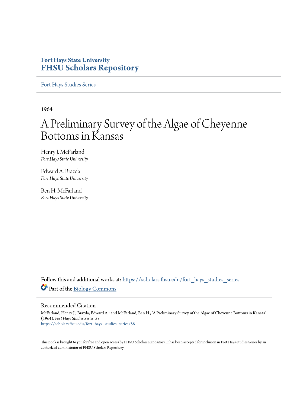 A Preliminary Survey of the Algae of Cheyenne Bottoms in Kansas Henry J