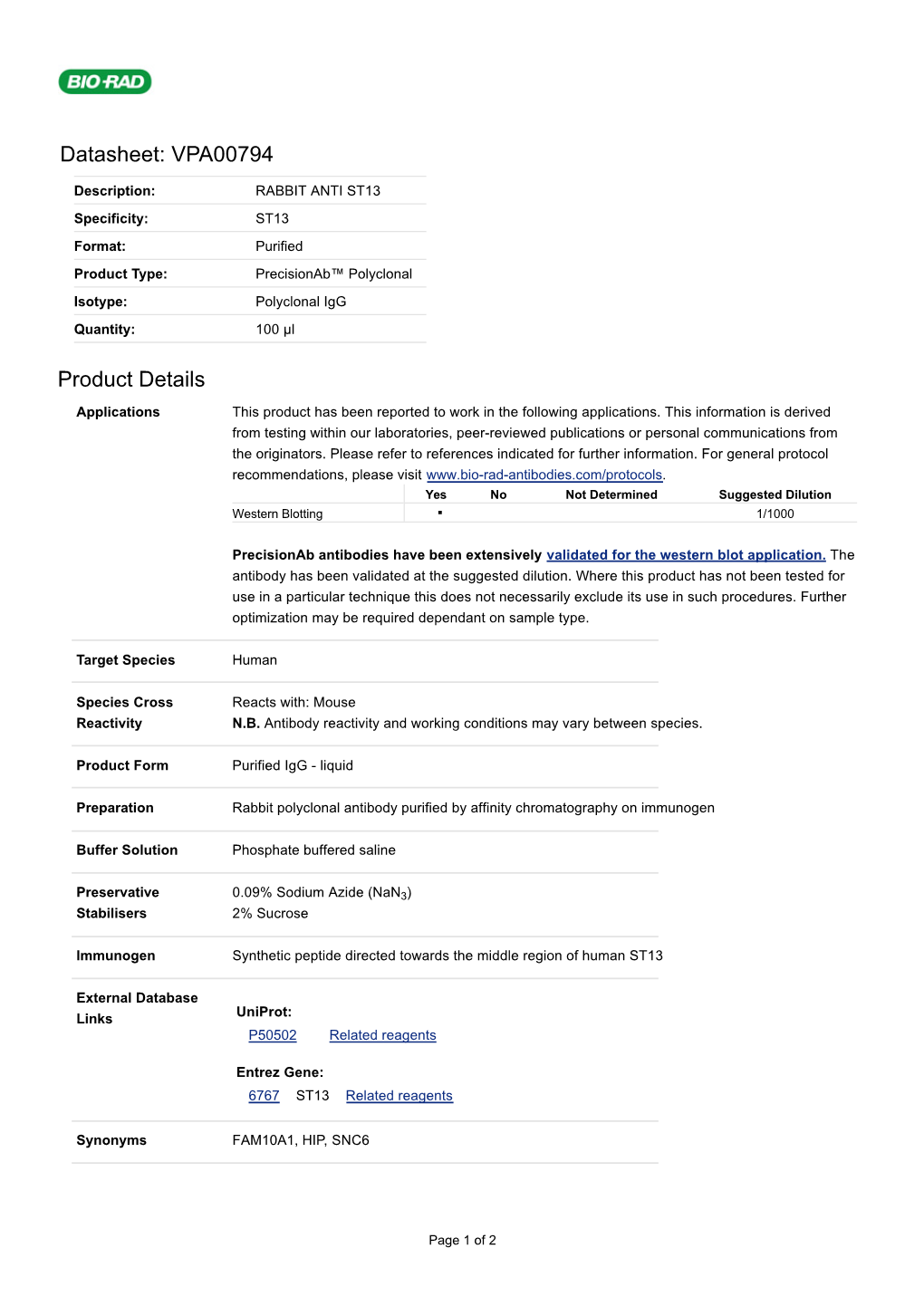 Datasheet: VPA00794 Product Details