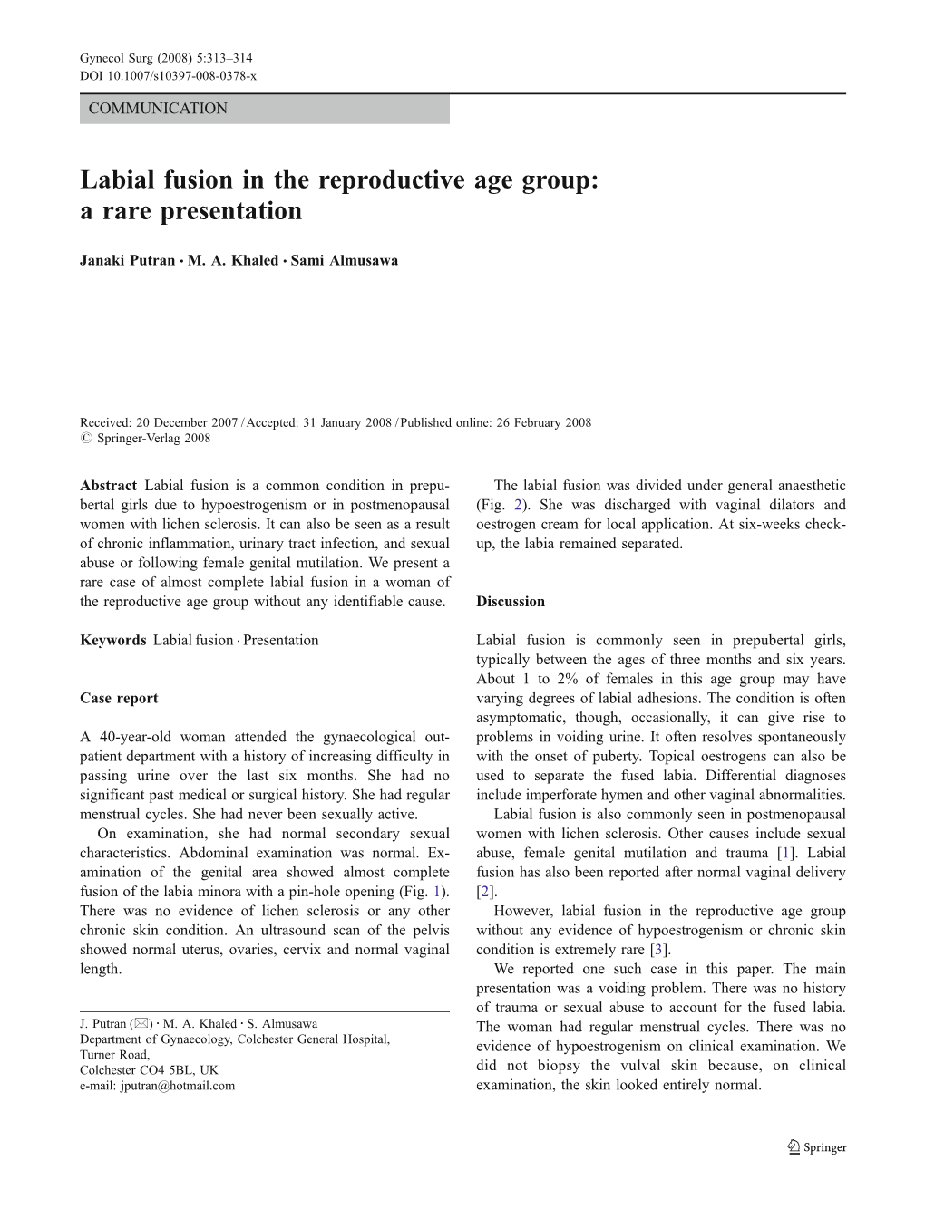 Labial Fusion in the Reproductive Age Group: a Rare Presentation