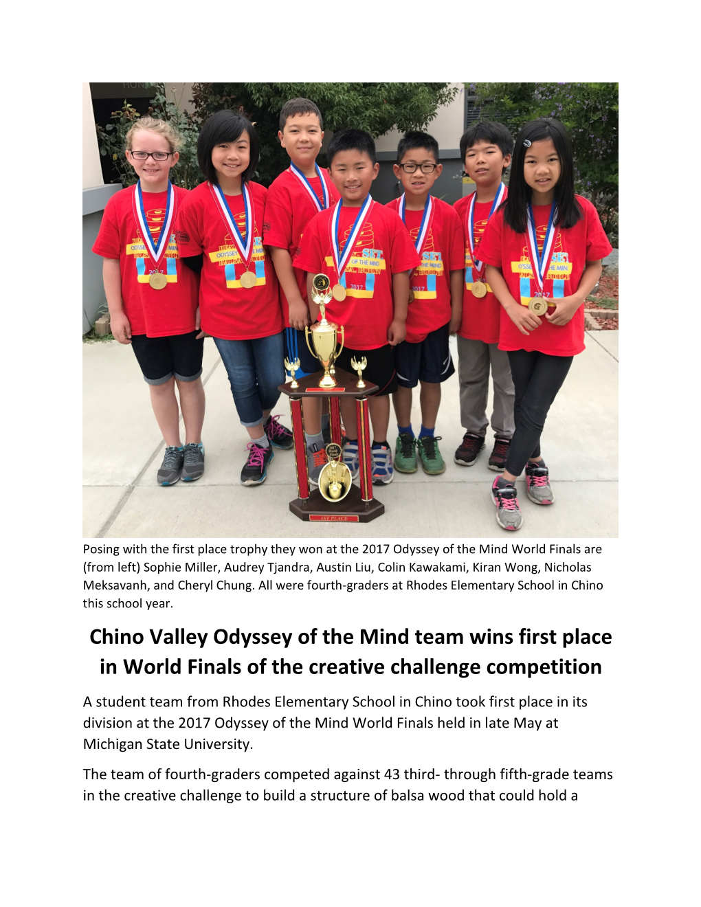 Chino Valley Odyssey of the Mind Team Wins First Place in World Finals