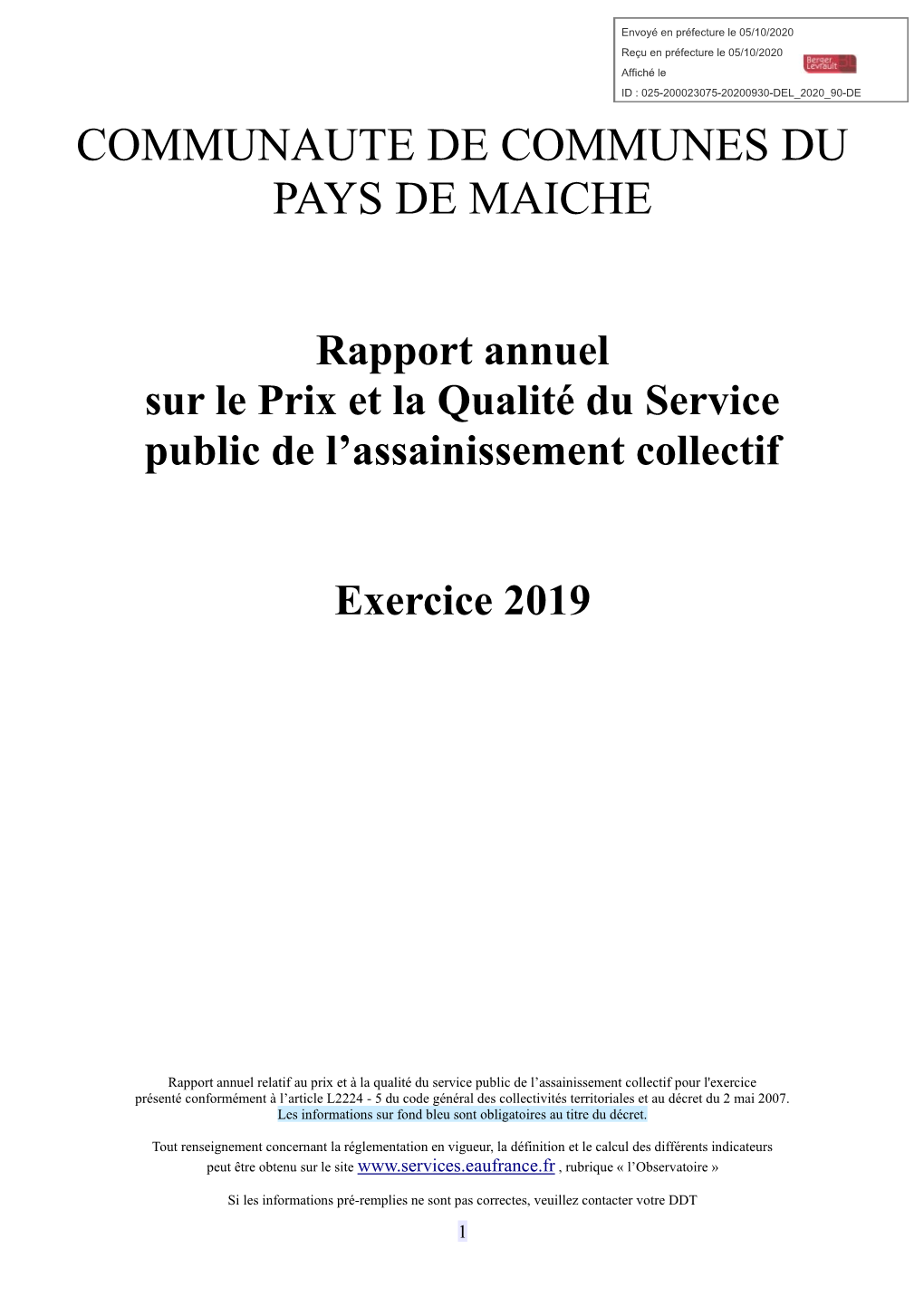 Rapport Annuel Sur Le Prix Et La Qualité Du Service Public D'eau Potable